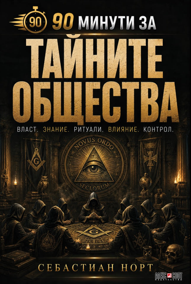 Предна корица на книгата 90 минути за Тайните общества на Себастиан Норт